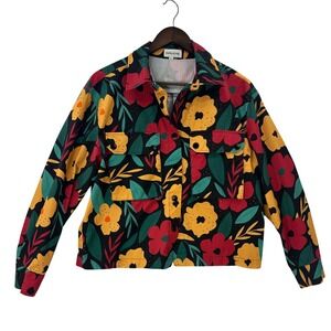 PEPA LOVES Women's Floral Print Jacket Size S Black Red Yellow Green Cotton